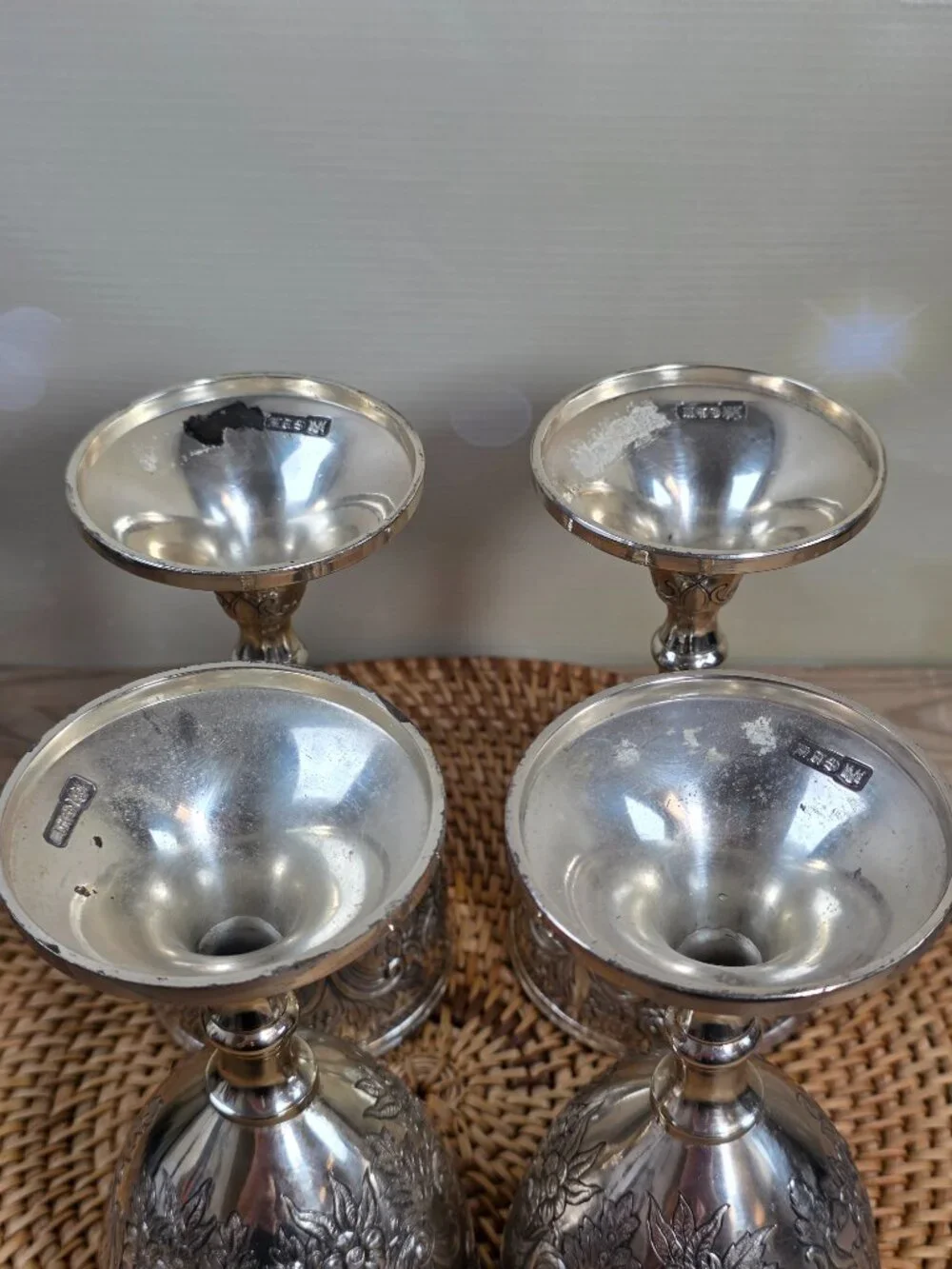 Vtg Ornate Silver Plated Goblets Floral Repousse Rococo Set 4 Wine Chalices MCM